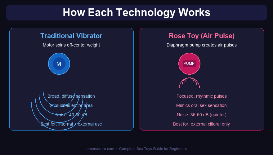 How air pulse technology (rose toy) vs motor vibration (traditional vibrator) works - technical diagram