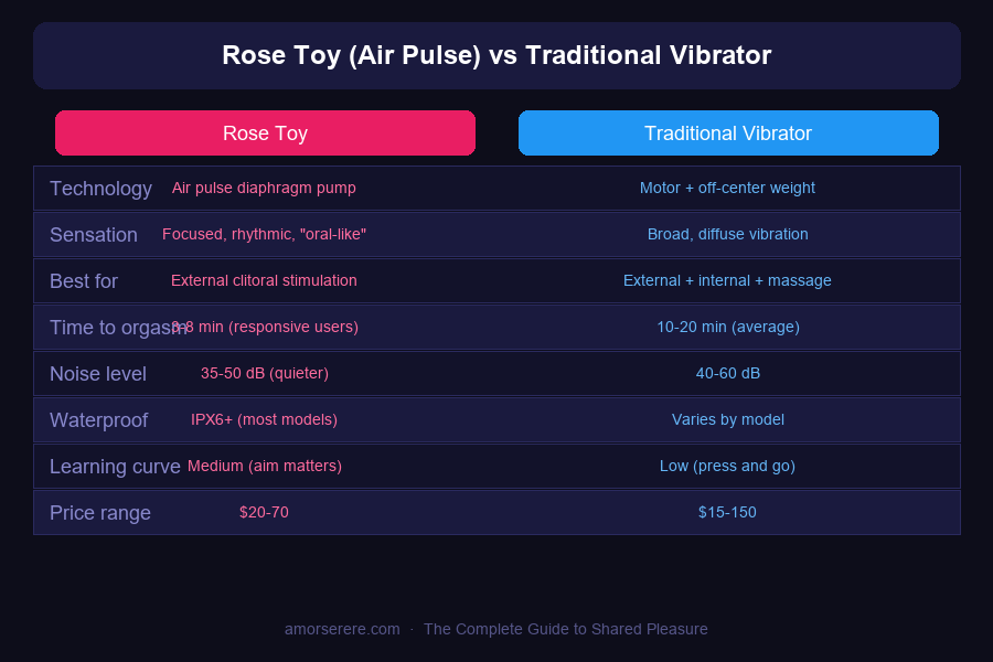 Rose toy vs traditional vibrator comparison chart: technology, sensation, noise level, waterproof rating, price range