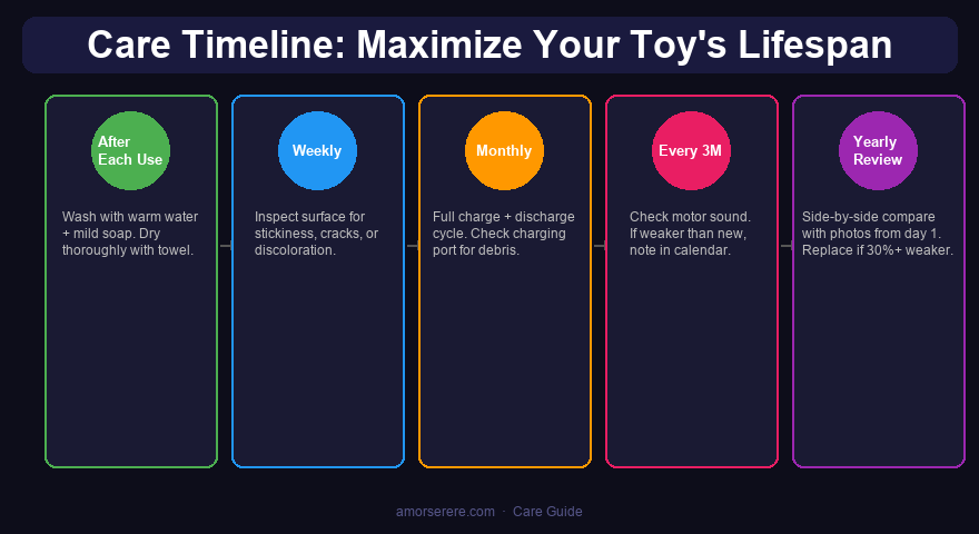 Sex toy care timeline: daily washing, weekly inspection, monthly charging, quarterly motor check, annual review