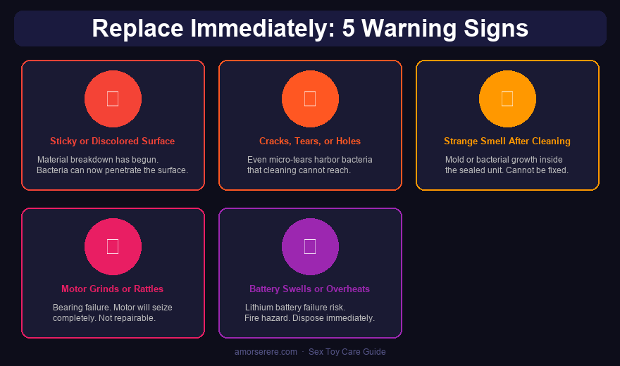 5 warning signs to replace your sex toy immediately: sticky surface, cracks, strange smell, motor grinding, battery swelling
