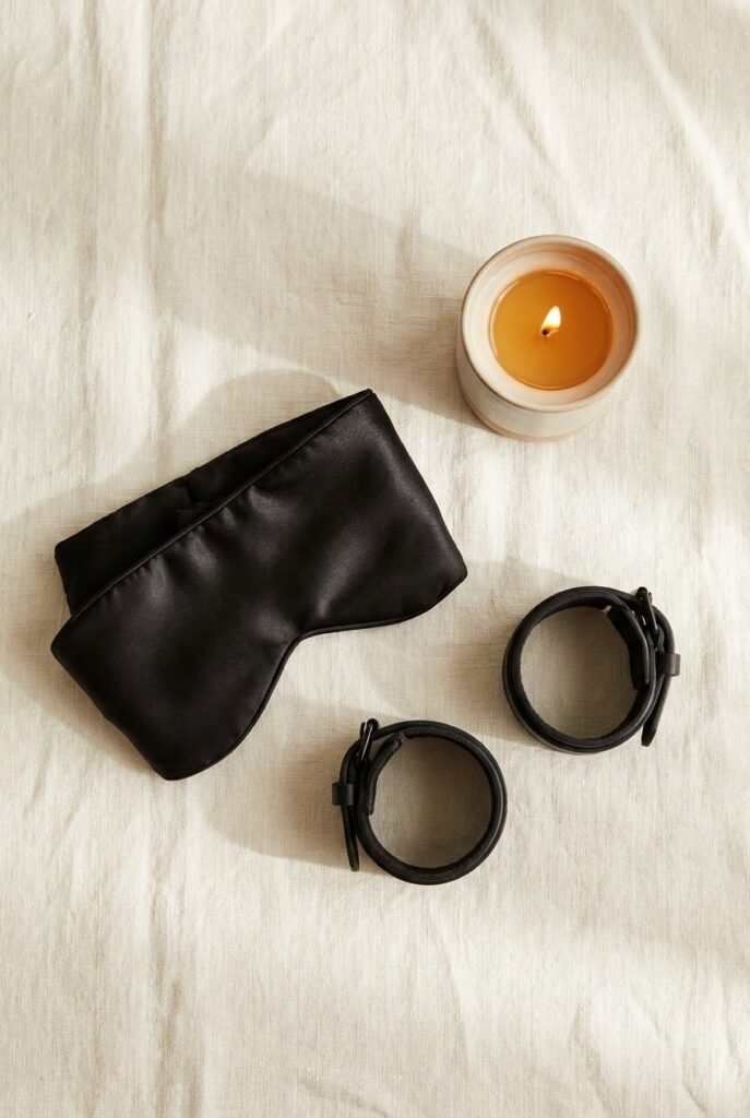 Soft black blindfold, leather wrist cuffs, and lit candle on cream linen — BDSM beginners guide, safe kink exploration, consent and communication
