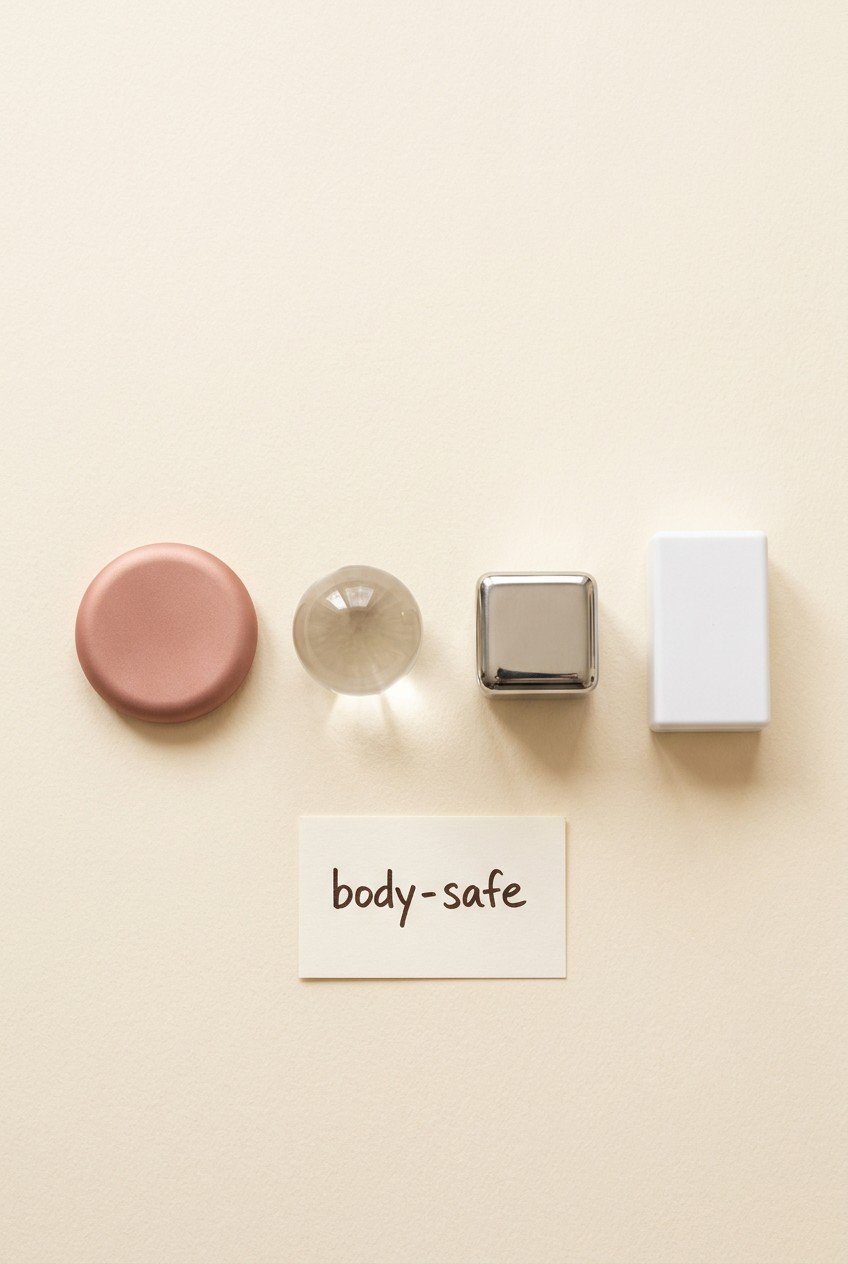 Four body-safe sex toy materials — silicone, glass, stainless steel, and ABS plastic — arranged on a clean surface. Material safety guide.