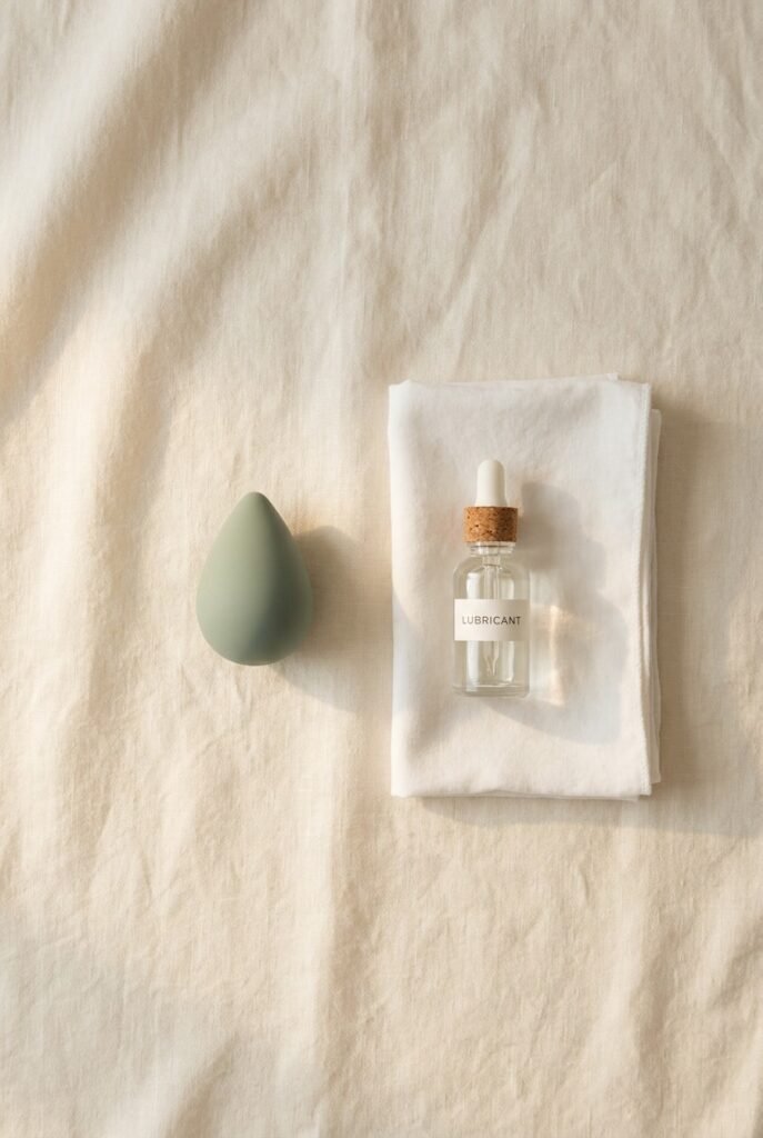 Small matte silicone beginner butt plug with lubricant and cloth on soft linen — calm, prepared, first-time anal toy guide