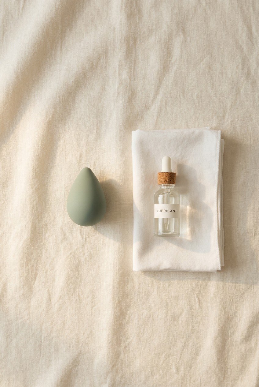 Small matte silicone beginner butt plug with lubricant and cloth on soft linen — calm, prepared, first-time anal toy guide