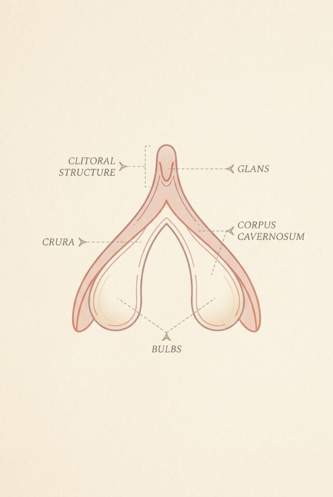 Female clitoral anatomy diagram — scientific illustration showing internal clitoral structure, G-spot area, and nerve pathways for clitoral vs g-spot orgasm education