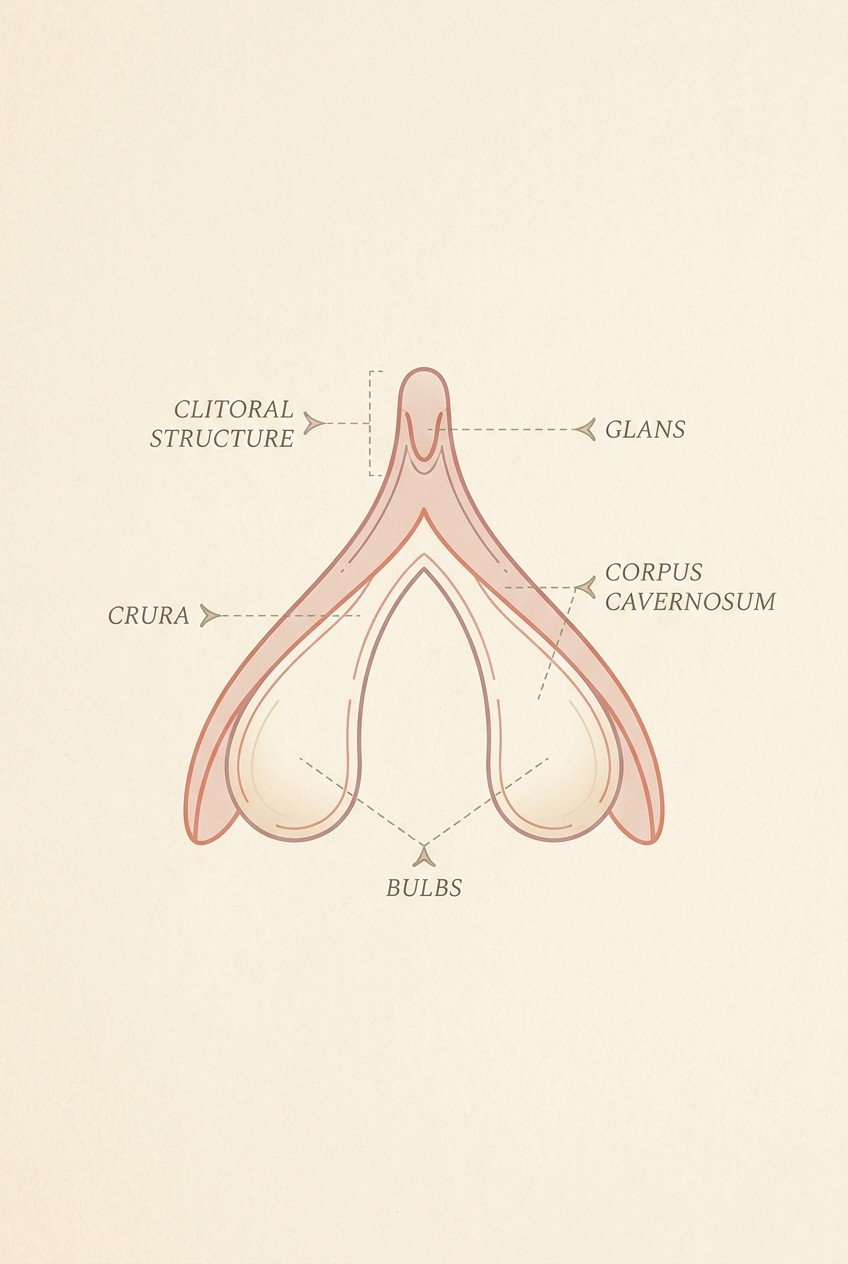 Female clitoral anatomy diagram — scientific illustration showing internal clitoral structure, G-spot area, and nerve pathways for clitoral vs g-spot orgasm education