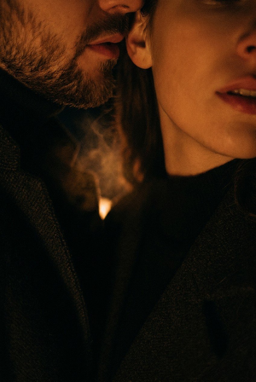 Two faces in warm amber darkness, lips near ear whispering — dirty talk intimacy, verbal arousal, sexual communication guide