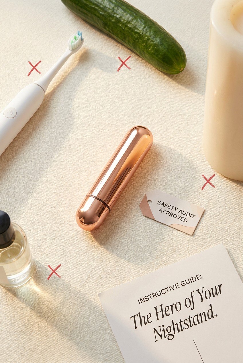 Bullet vibrator center with household objects marked unsafe — DIY sex toy safety audit, electric toothbrush, cucumber, candle alternatives