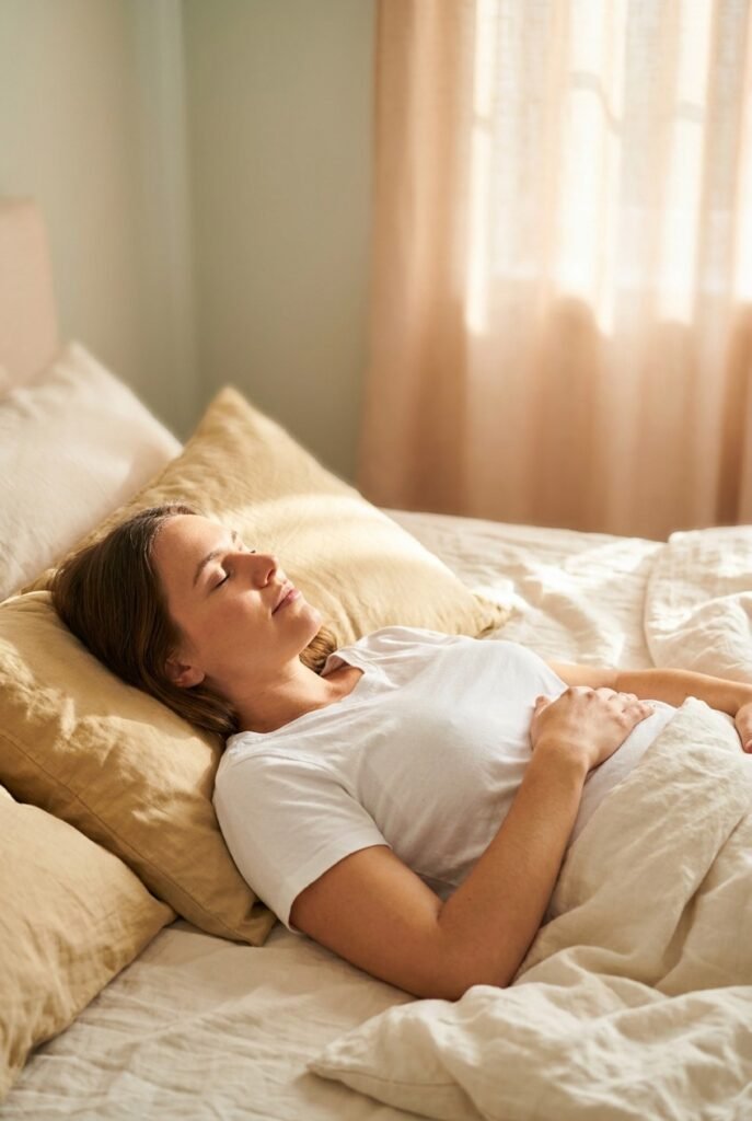 Woman relaxing alone in bed, soft morning light — self-care, intimacy, female self-discovery and masturbation guide