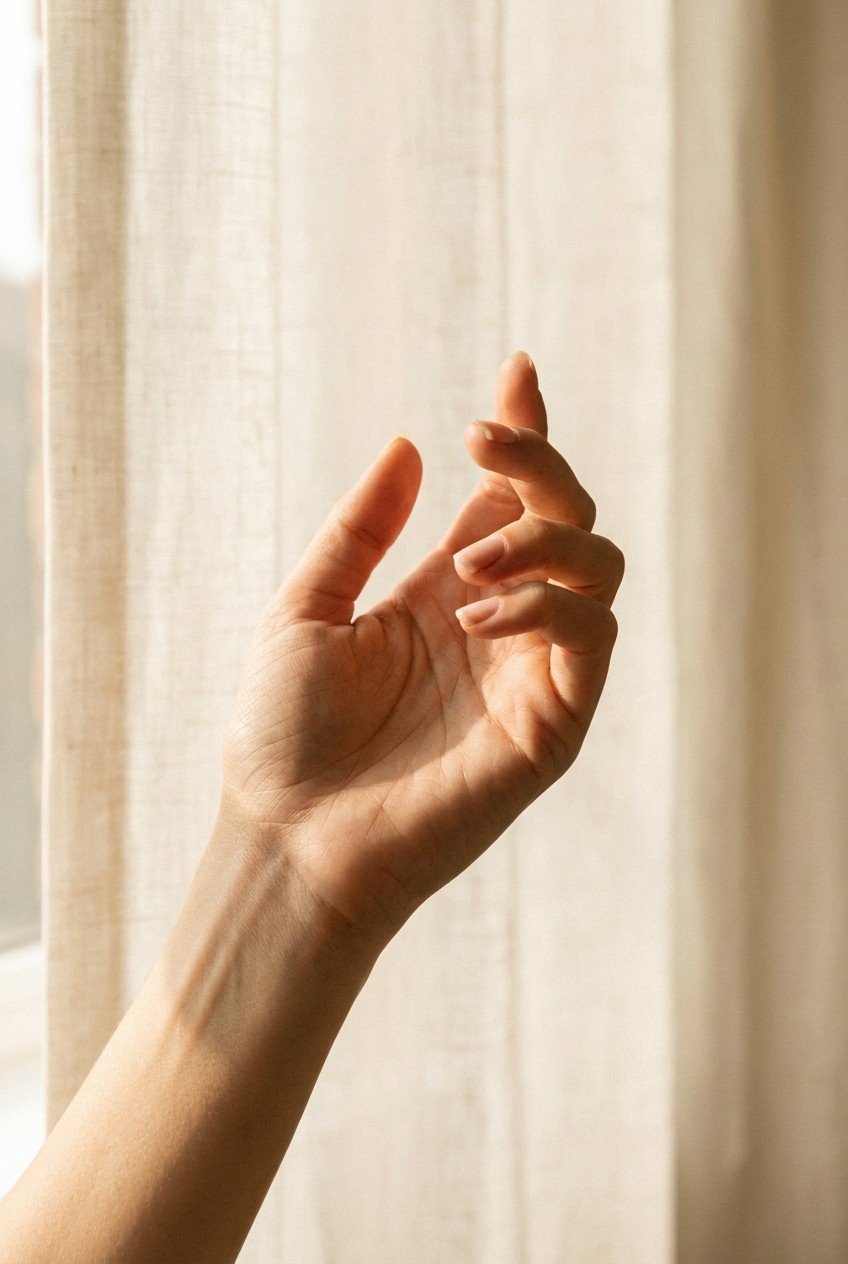 Hand with short filed nails in relaxed "come here" gesture — manual stimulation and finger technique guide for sexual pleasure
