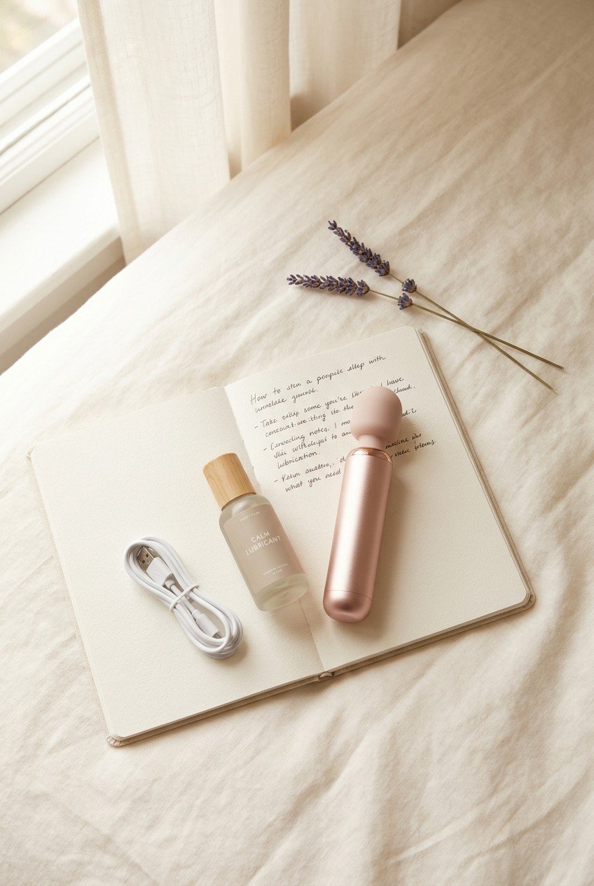 Beginner's bullet vibrator on notebook with handwritten notes, lube, and lavender — calm, fresh, first-time self-care