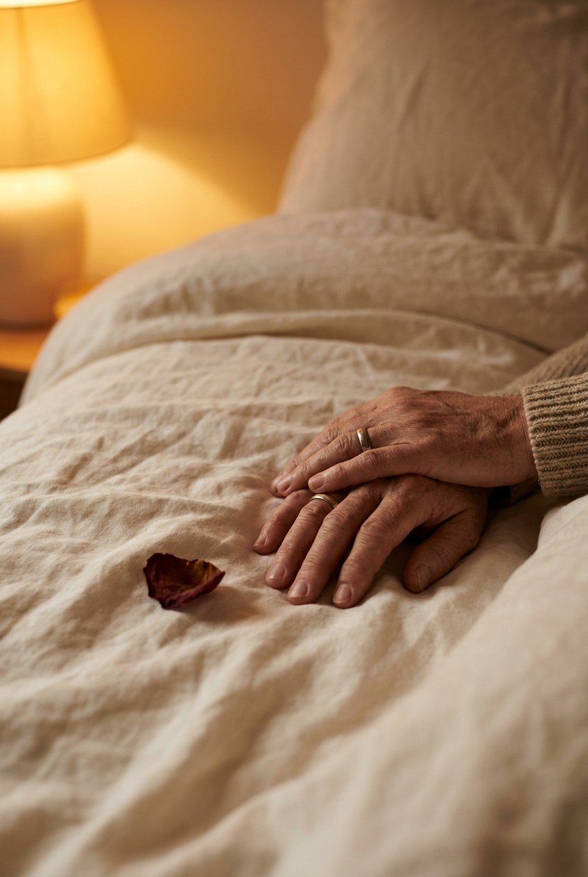 Two hands intertwined on soft sheets in warm golden light — intimacy, connection, unhurried foreplay and arousal