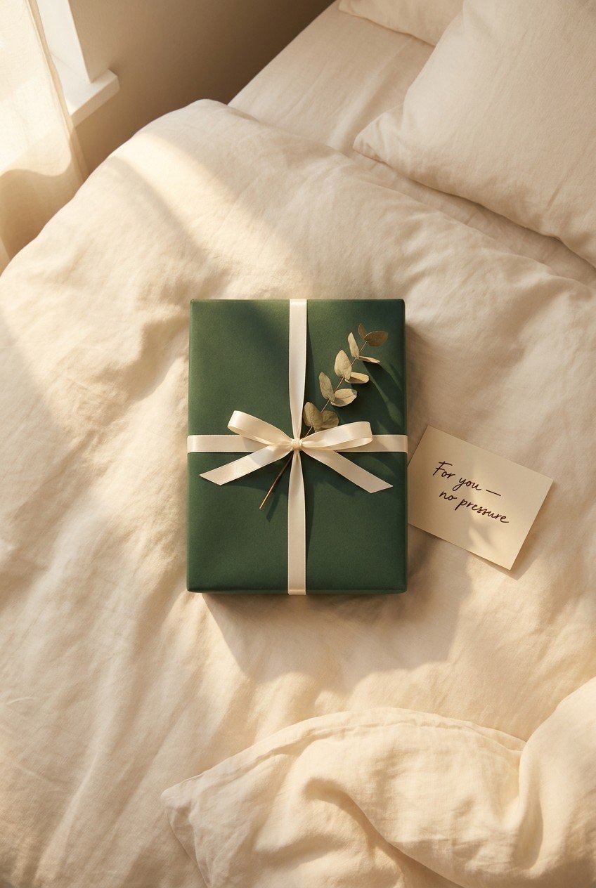 Elegantly wrapped sex toy gift box in forest green paper with cream ribbon, handwritten card, on linen sheets — thoughtful, romantic, no pressure