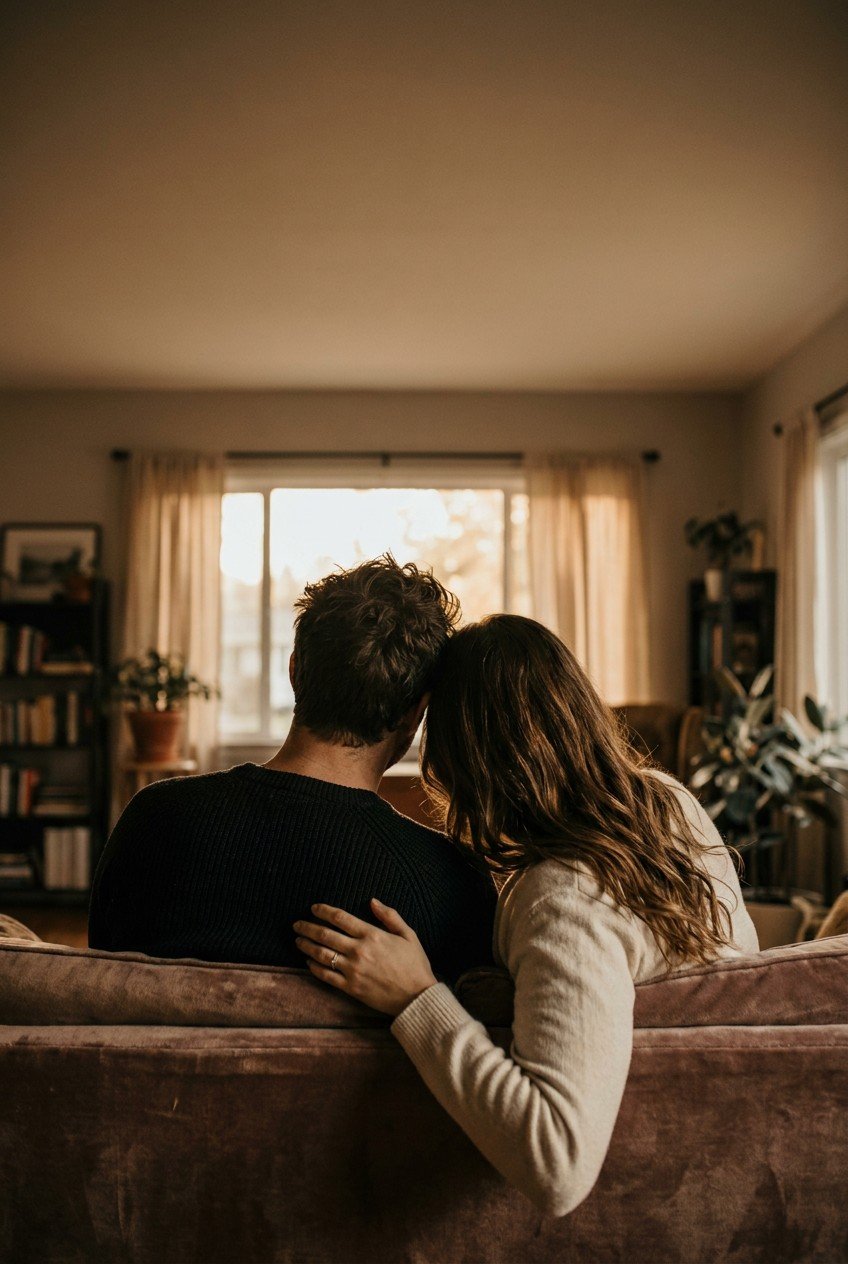Couple having an honest conversation about introducing sex toys into their relationship — warm, intimate, side by side on a sofa