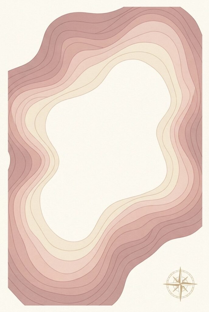 Abstract topographic map illustration in warm rose tones — female internal pleasure points map, G-spot, A-spot, cervix anatomical exploration guide