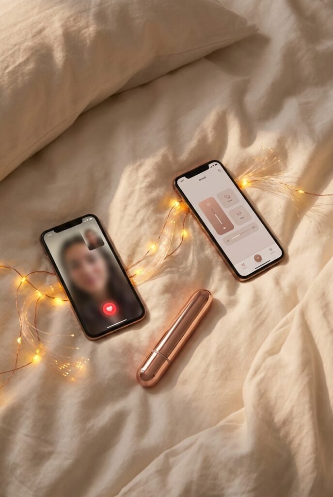 Two smartphones connected across distance, video call with app-controlled vibrator — long distance relationship intimacy and sex toy technology