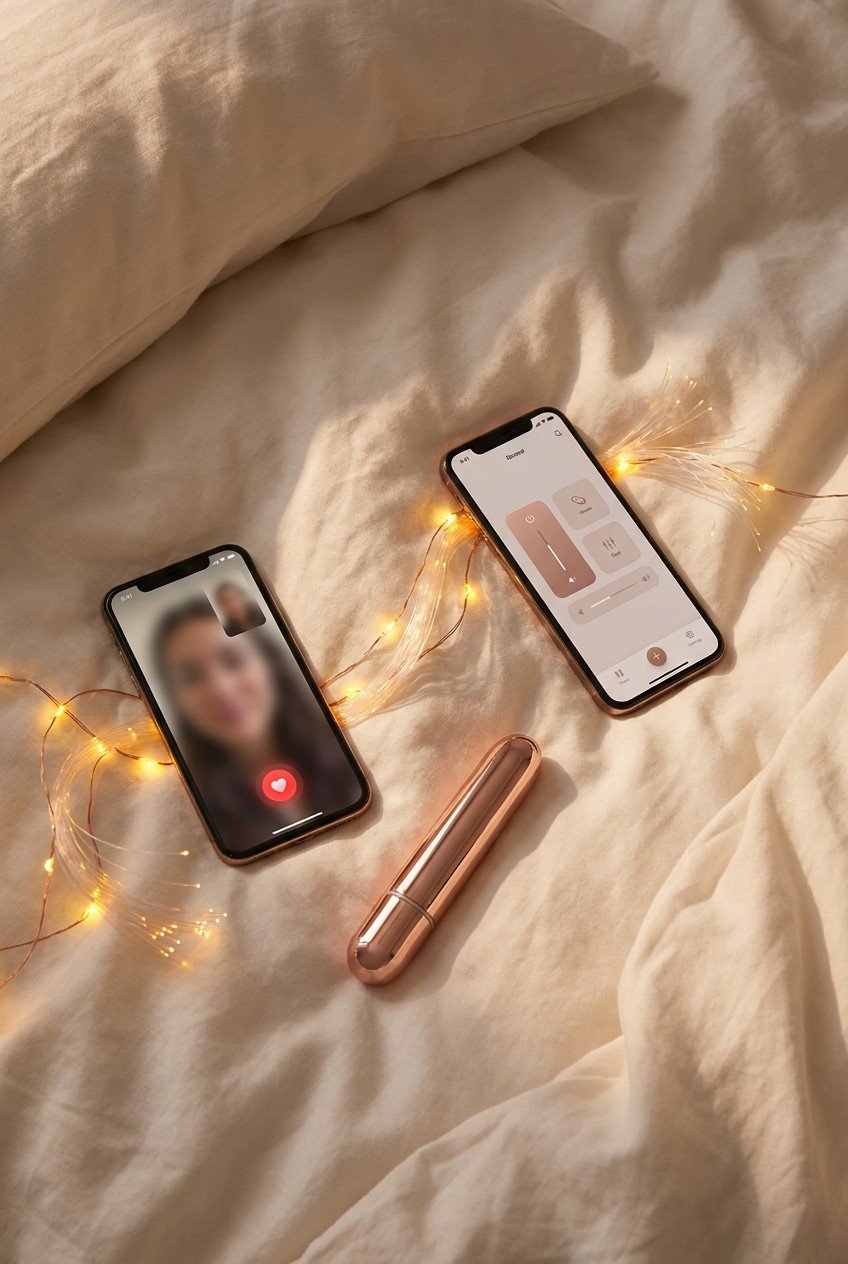 Two smartphones connected across distance, video call with app-controlled vibrator — long distance relationship intimacy and sex toy technology