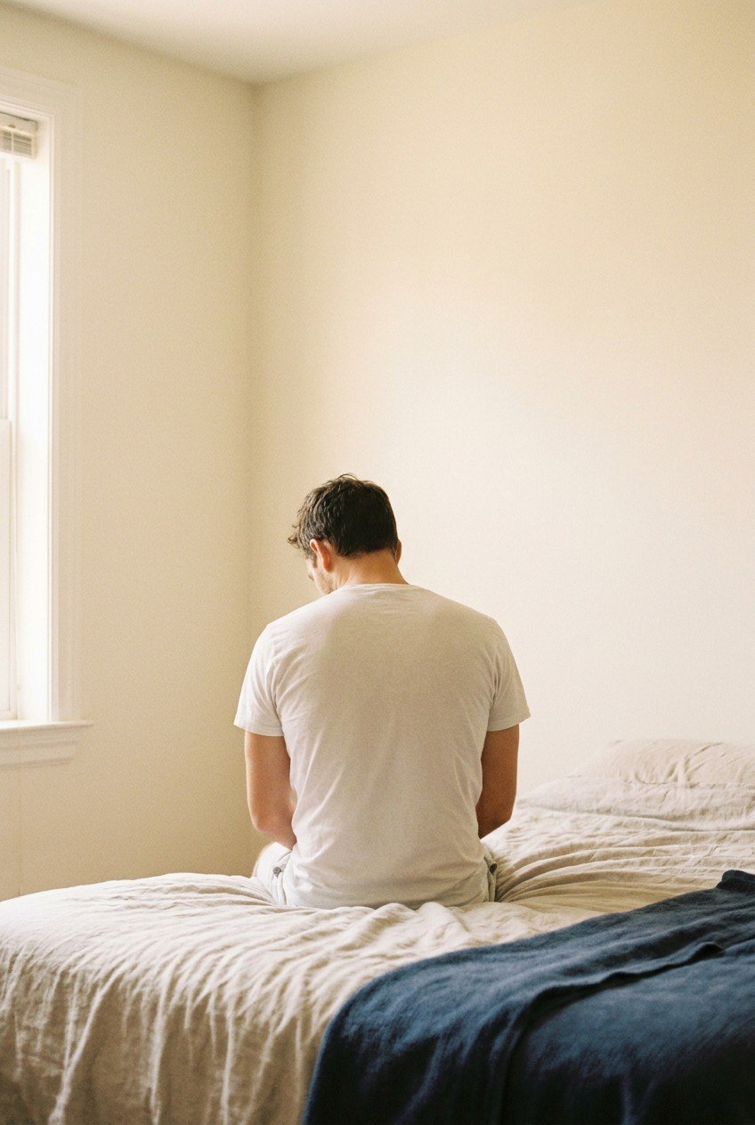 Man sitting on bed in soft morning light, back to camera — introspective, self-discovery, male sexual health and orgasm guide