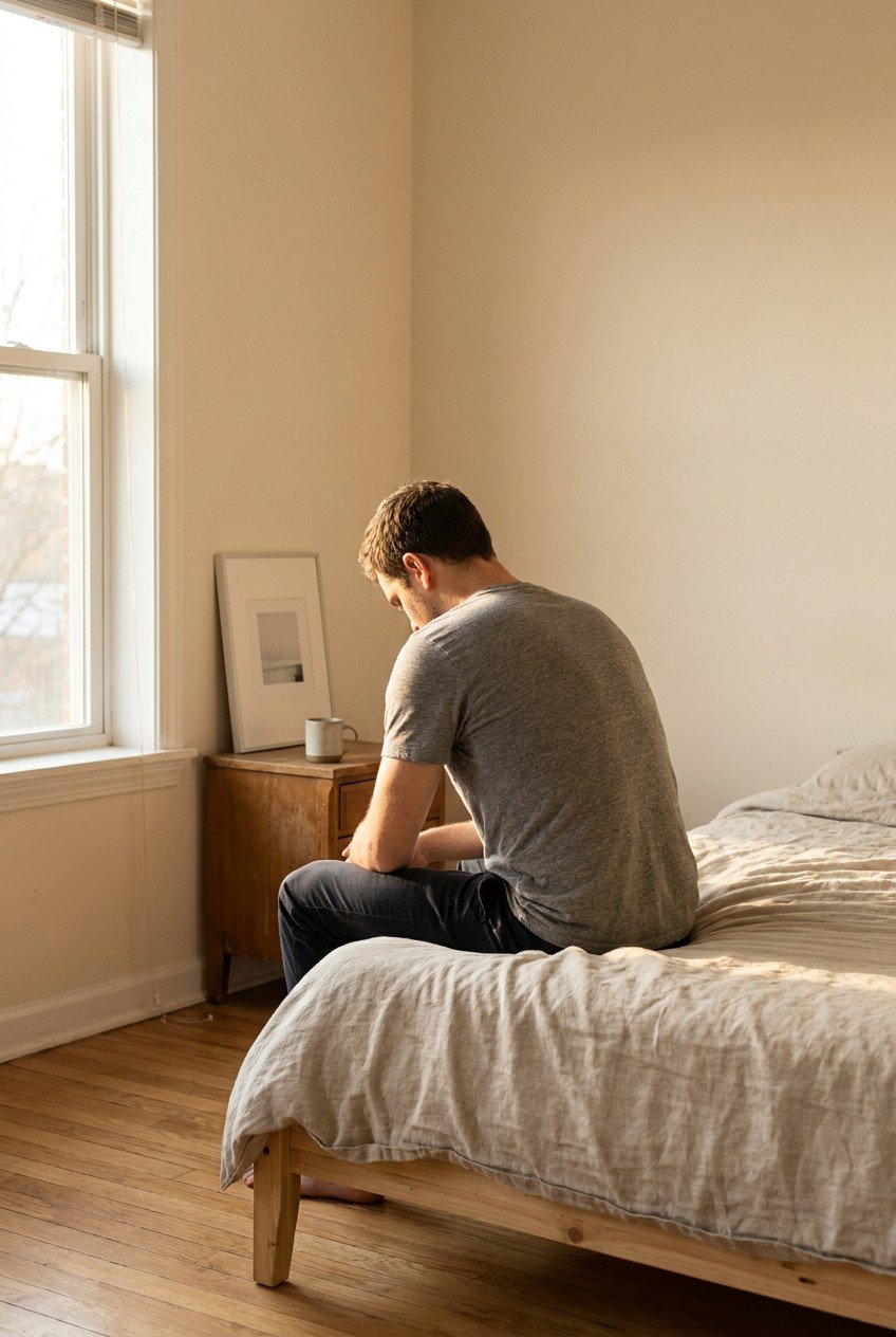 Man sitting on bed in morning light, focused breathing — male stamina training, ejaculatory control, lasting longer exercises