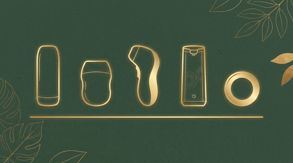 Five types of male personal care devices compared side by side—stroker, disposable cup, reusable, automatic, and ring