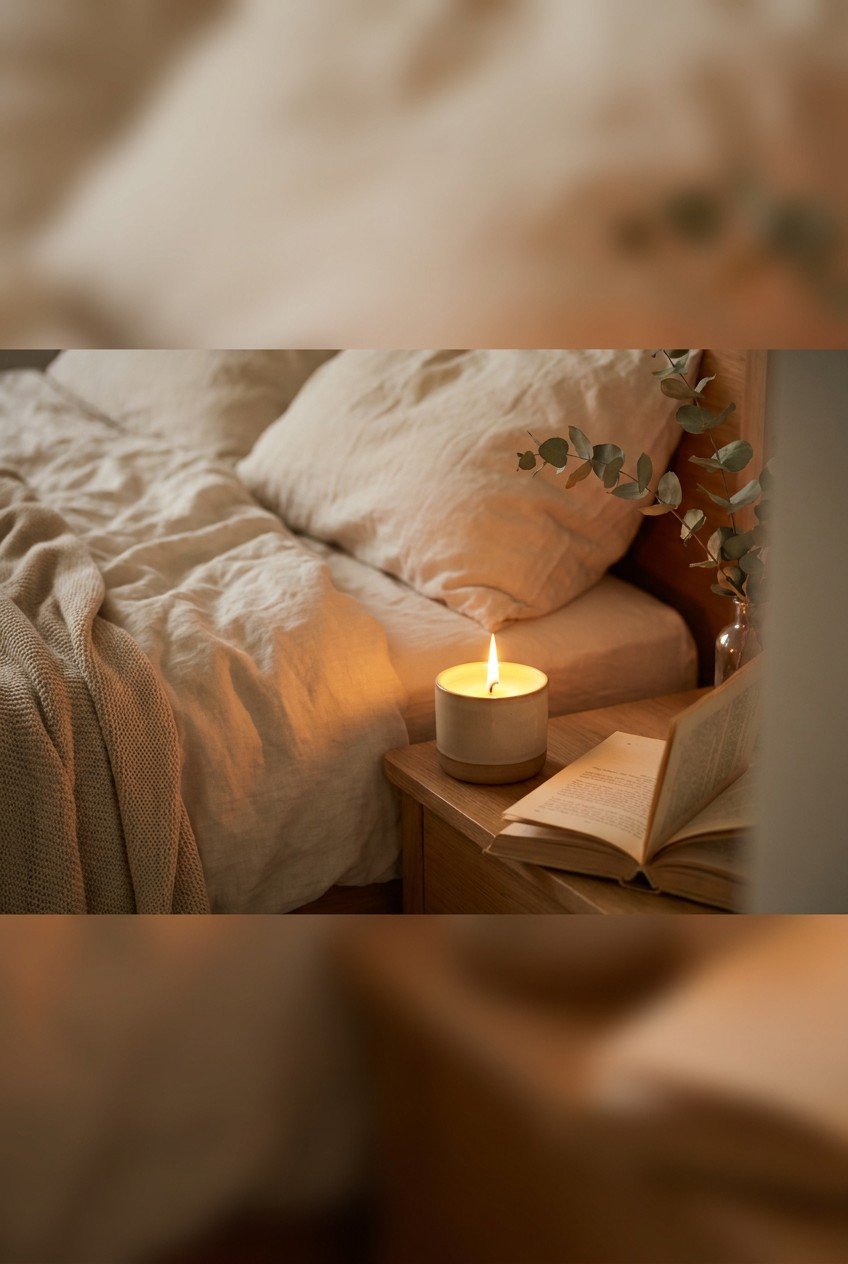 Warm candlelight on bedside table with open books and eucalyptus — intimate, educational oral sex guide atmosphere
