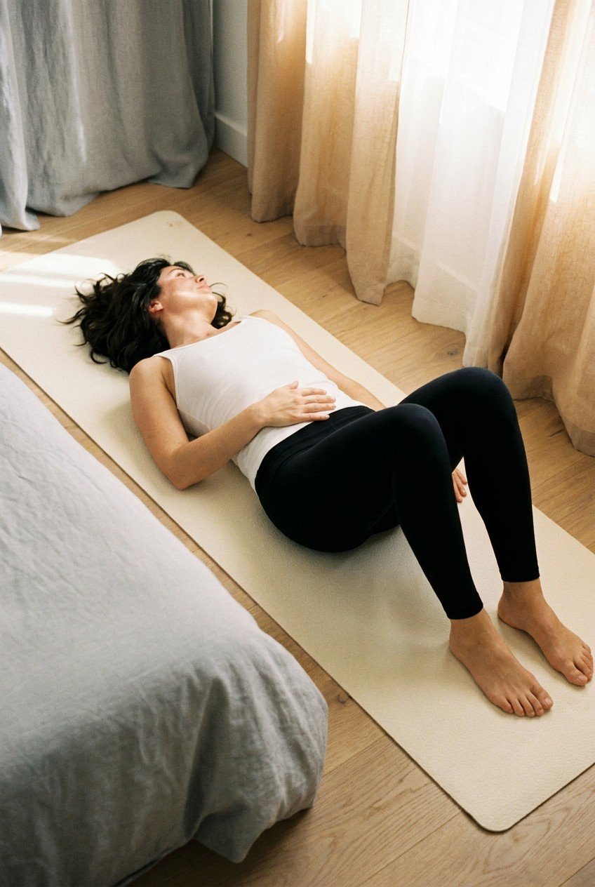 Woman lying on yoga mat in Kegel exercise position, hand on lower belly — pelvic floor training, Kegel exercises, core health