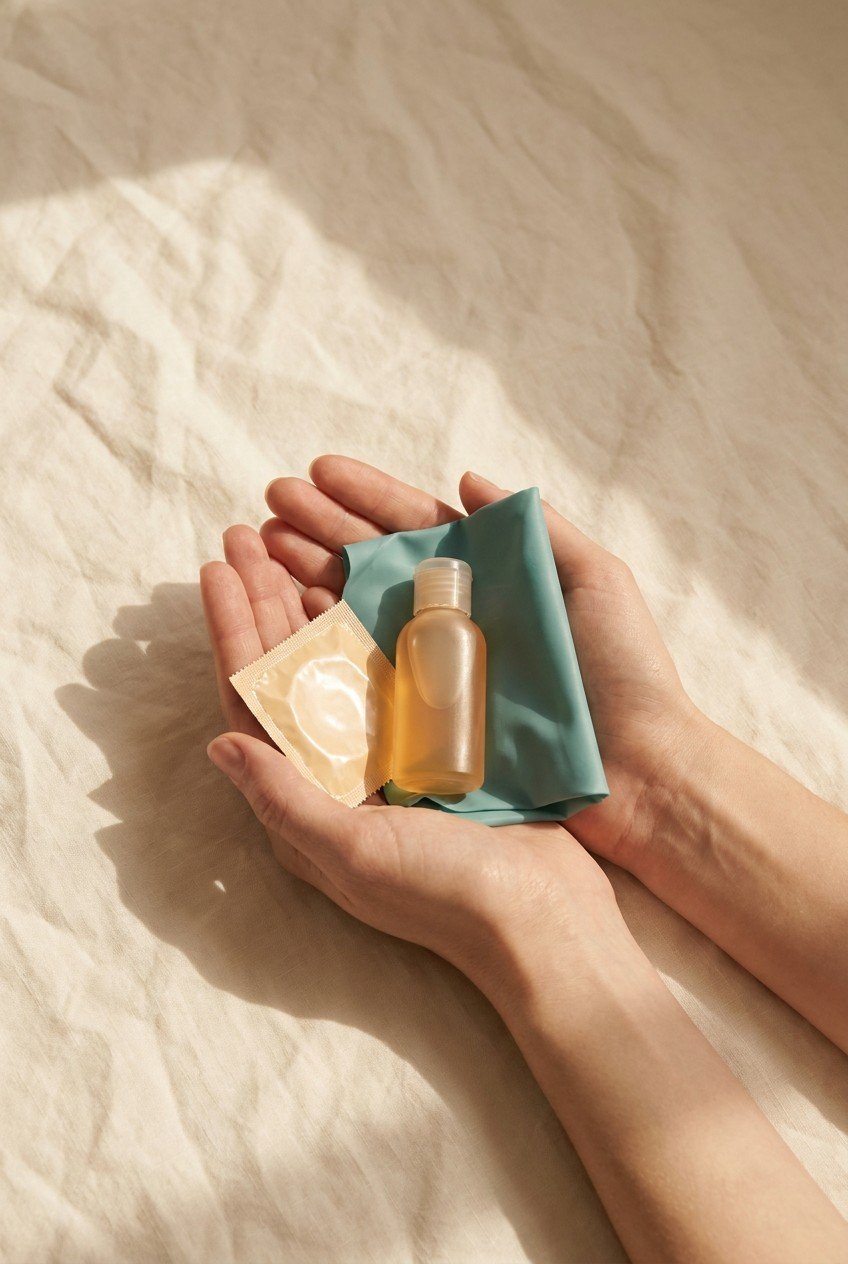 Hands holding condom, lubricant, and dental dam on soft linen — safer sex preparation, STI prevention, barrier methods guide