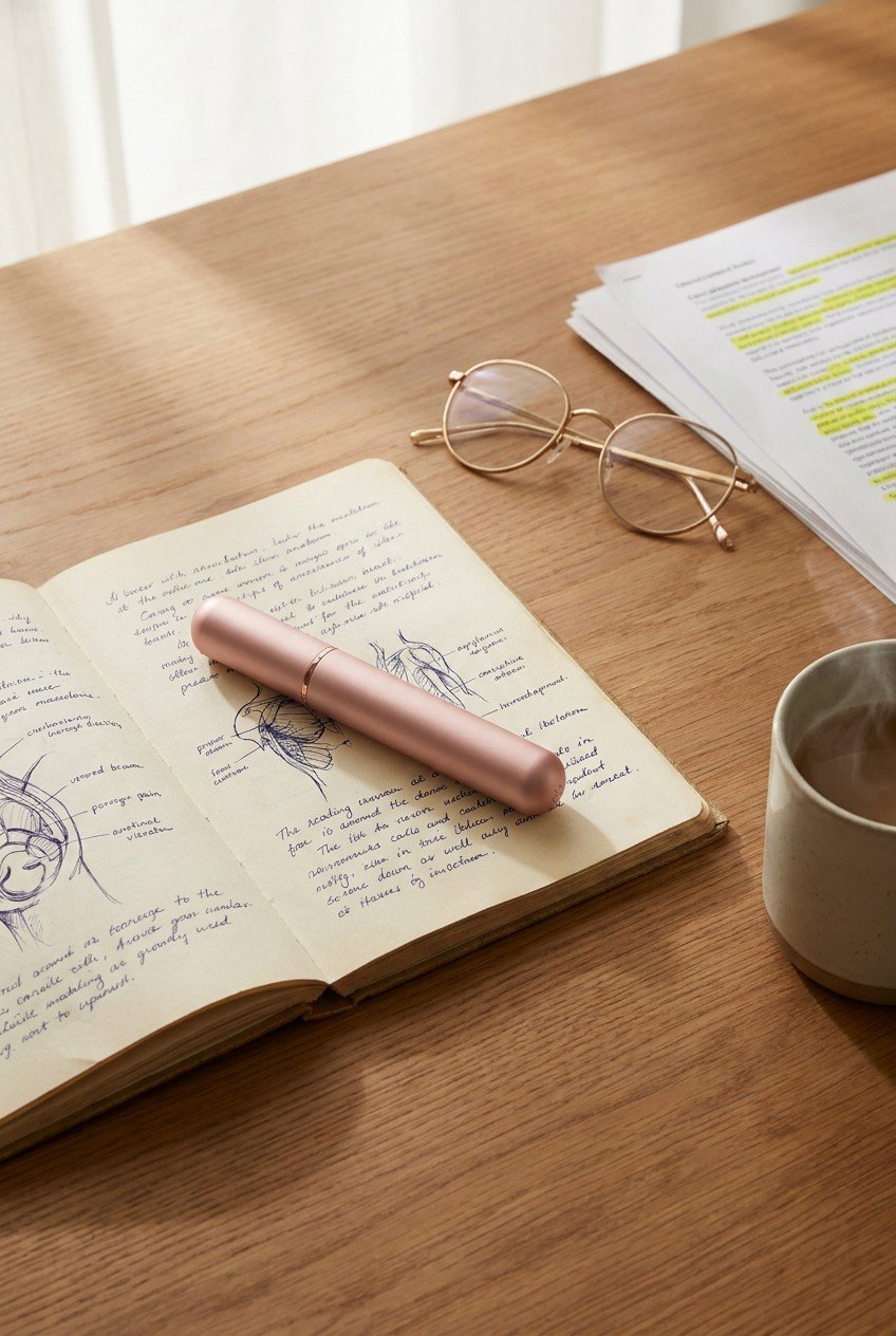 Sex toy myths debunked — research journal, vibrator, and glasses on a desk. Evidence-based answers to 12 common sex toy misconceptions.