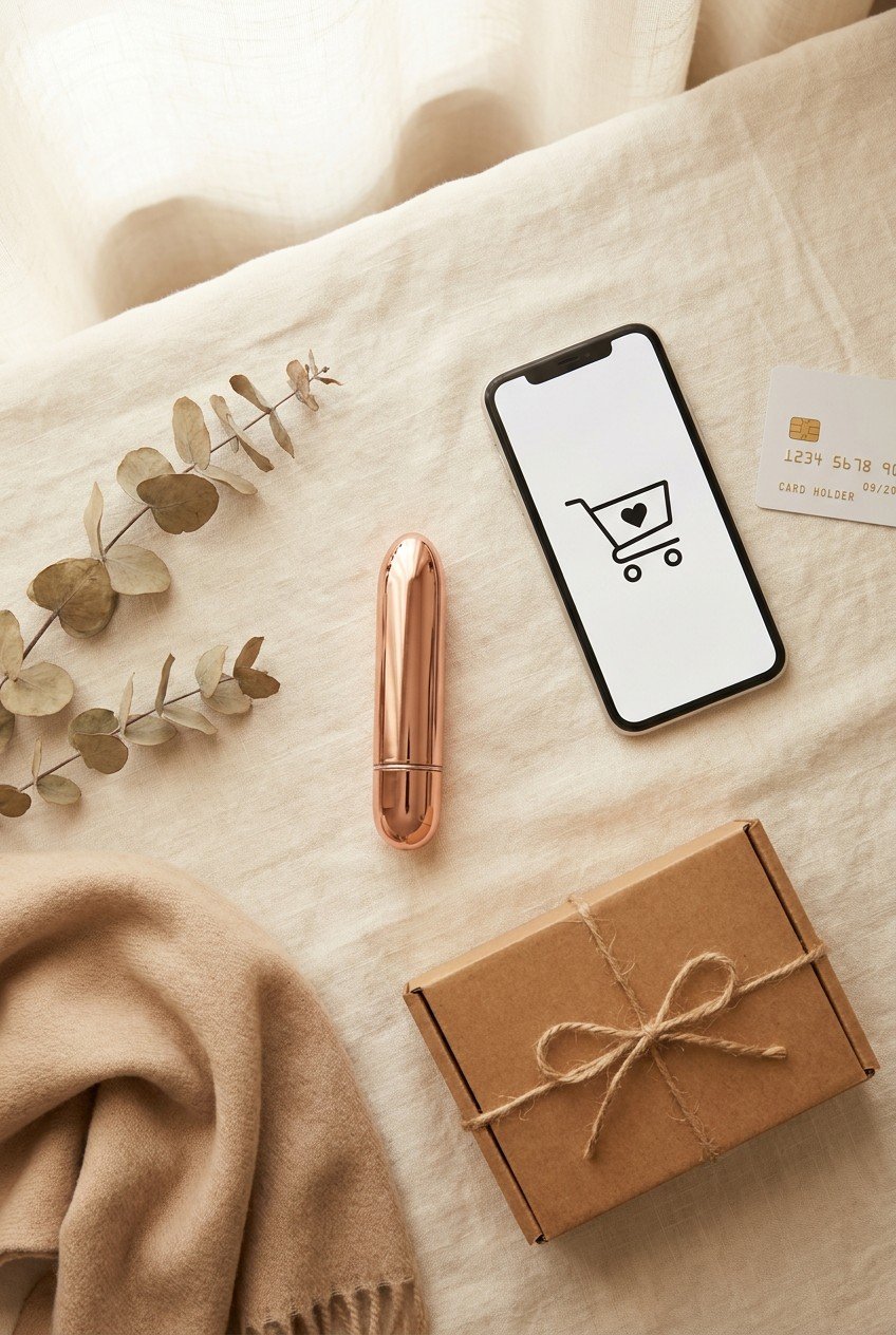 Bullet vibrator, smartphone shopping cart, credit card, and plain brown shipping box — first sex toy purchase guide, discreet online shopping