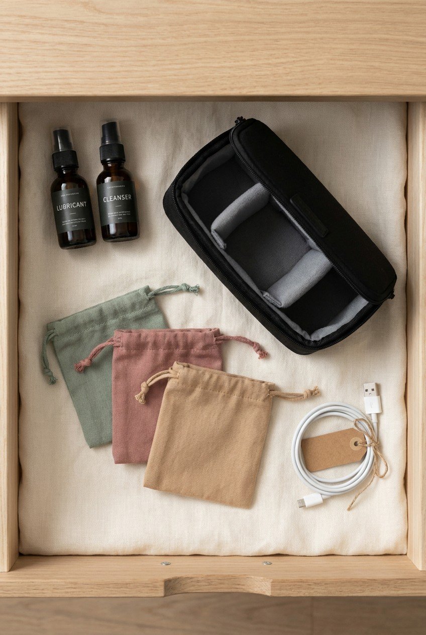Organized sex toy storage drawer — cloth pouches, divided case, upright lube bottles, labeled charging cable. Clean and discreet storage setup.