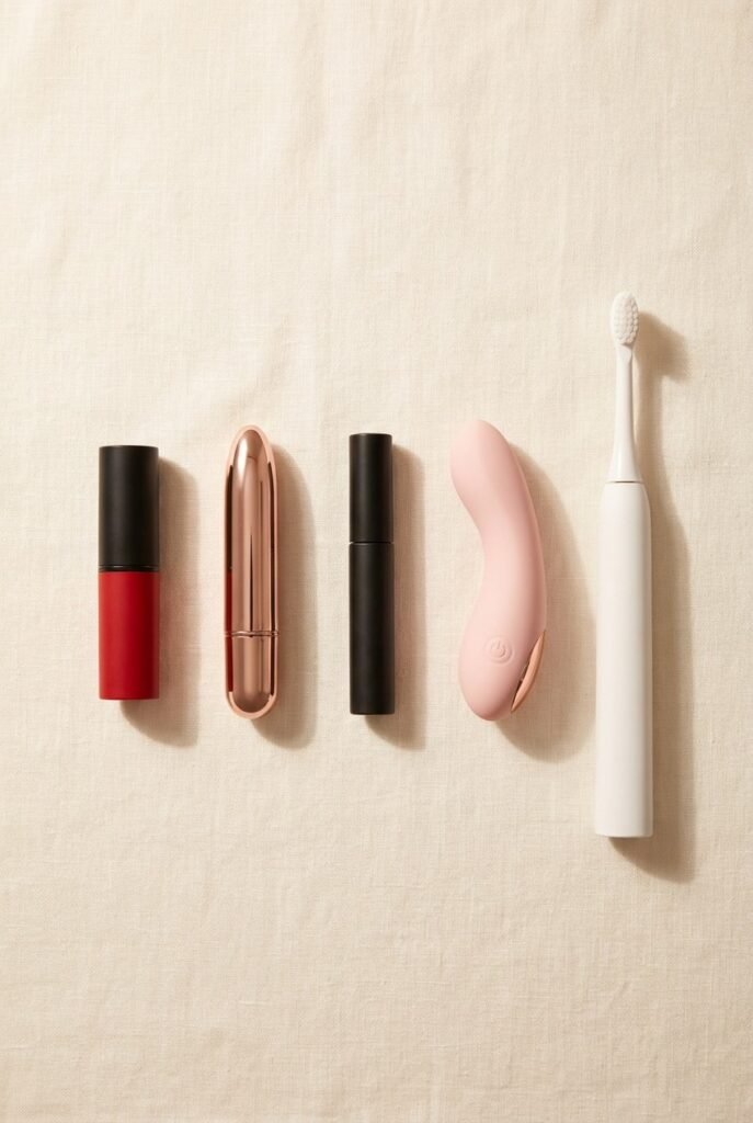 Travel-friendly vibrator size comparison — bullet vibrator vs lipstick, finger vibrator vs mascara, shown with toothbrush for scale